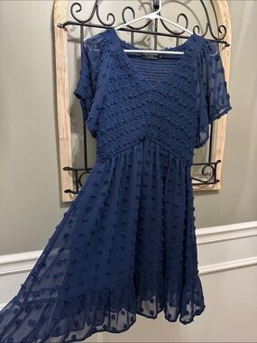 Smocked Navy Midi Dress with Textured Dot Accent M